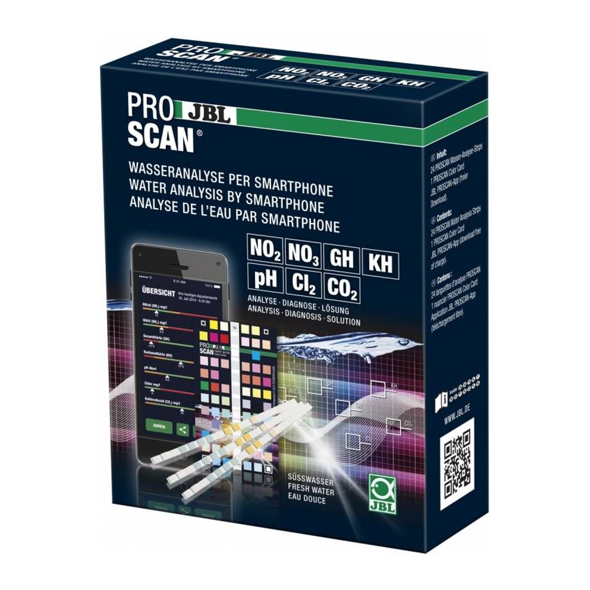 JBL ProScan testset met teststrips en kleurenkaart voor het meten van waterwaarden