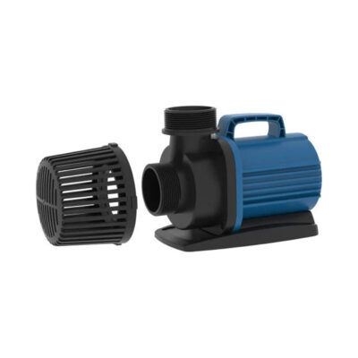 AquaForte DM Vario 22000S vijverpomp met blauwe behuizing, zwarte voet en losse zwarte voorfilterkorf