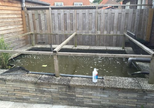 Verhoogde tuinvijver met een net over de filterbak en een fles waterbehandeling op de rand