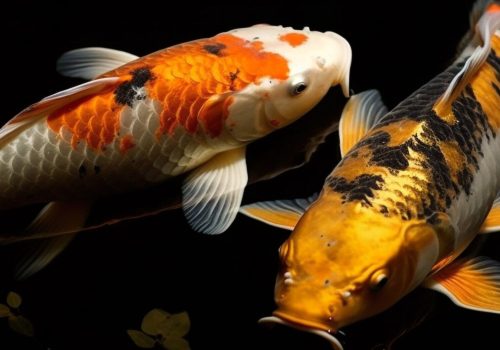 Twee koi van dichtbij tegen een donkere achtergrond, een rood met witte en een geel met zwarte